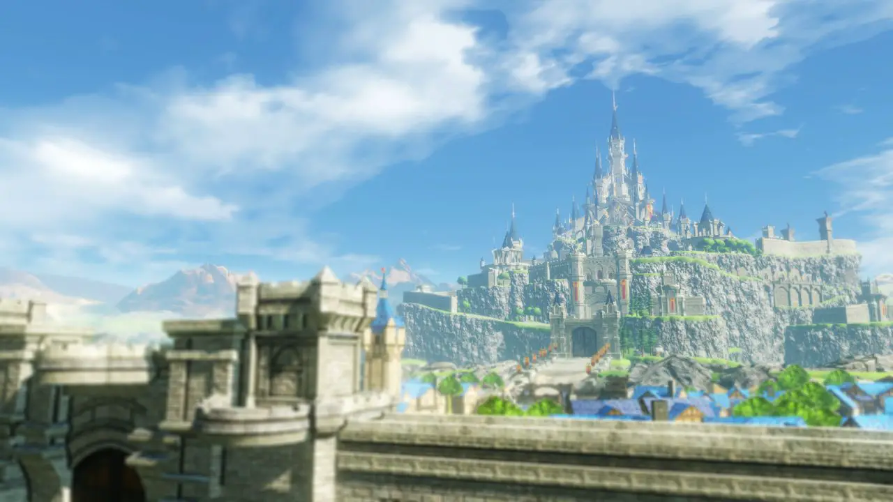 Una ciudad y un castillo en expansión en Age of Calamity para Nintendo Switch.