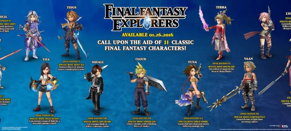 Invoca a 11 personajes clasicos en Final Fantasy Explorers
