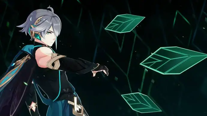 Construcción de Genshin Impact Alhaitham: un hombre de anime con cabello plateado corto, vestido con una túnica negra y una capa verde, arroja un espejo de tres hojas fuera de la pantalla.