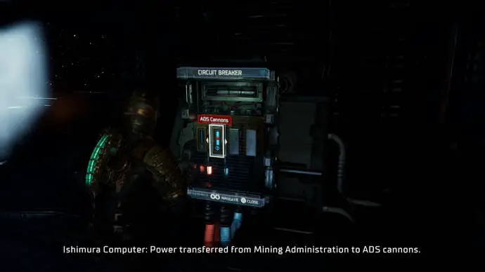 Isaac enciende un conjunto de cañones ADS en el disyuntor en Dead Space