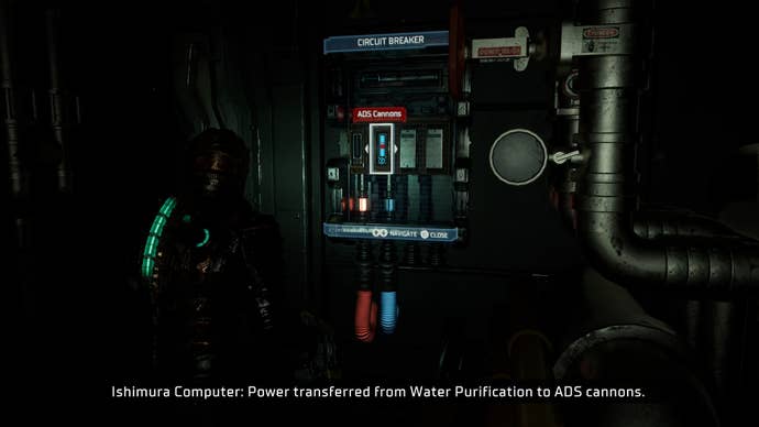 Isaac enciende un conjunto de cañones ADS en el disyuntor en Dead Space