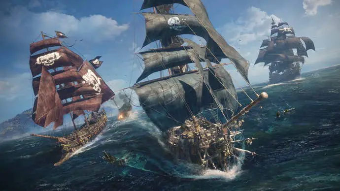 En el juego Skull and Bones de Ubisoft, tres barcos piratas navegan uno al lado del otro en el Océano Índico.