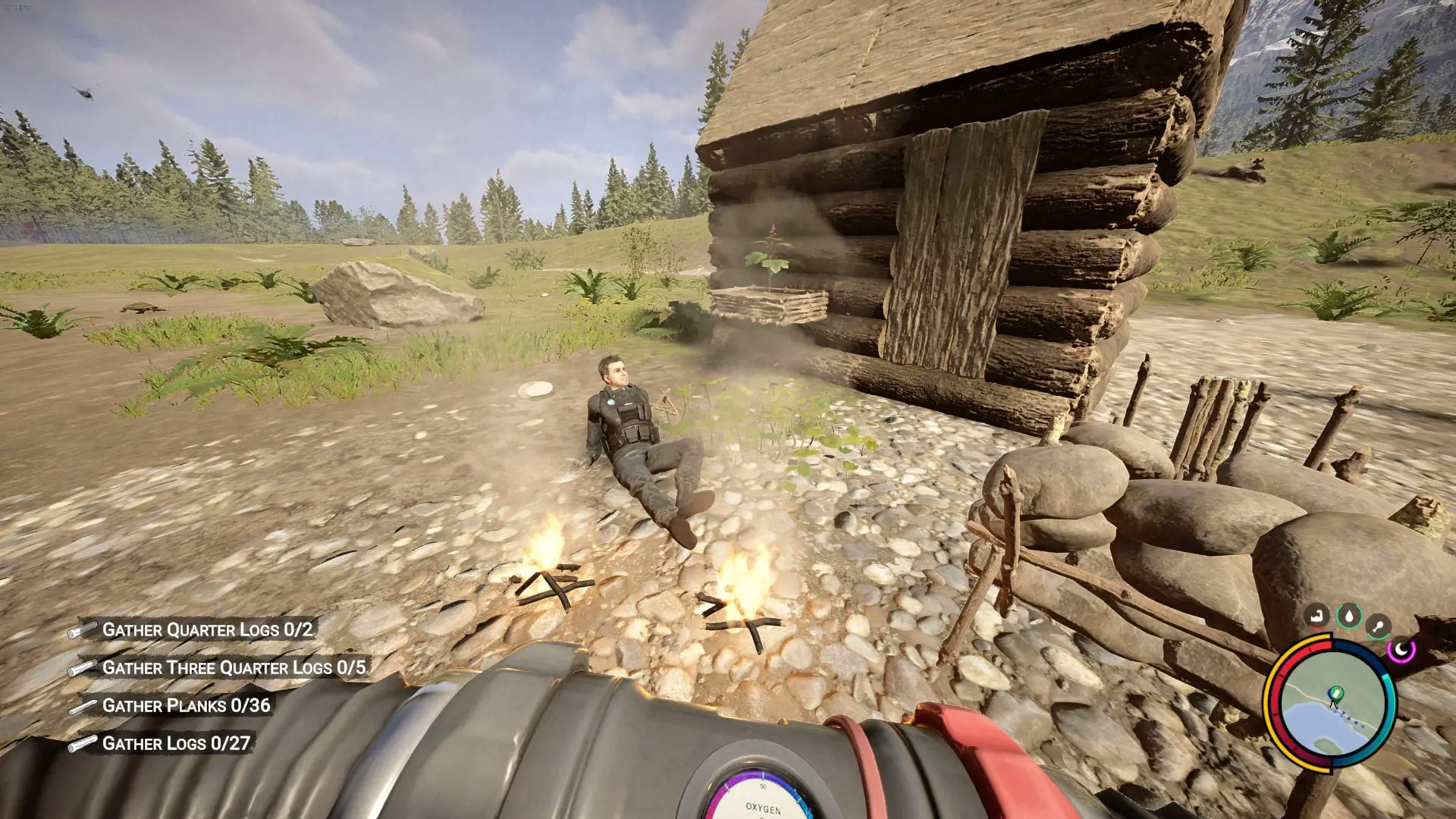 El jugador ve a Kelvin descansando junto a la fogata en Children of the Forest.