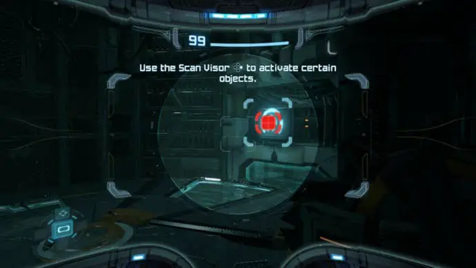 Samus escaneando el panel del ascensor Deck Beta en Metroid Prime Remastered