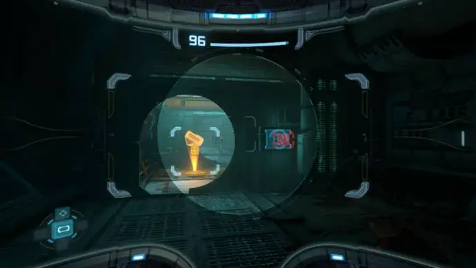 Samus usando el ascensor en Metroid Prime Remastered