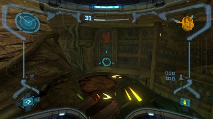 Samus frente a una puerta blindada en Metroid Prime Remastered