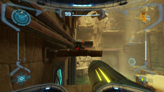 Samus prueba algunas plataformas con hongos en Metroid Prime Remastered