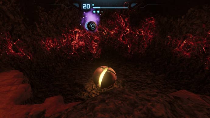 Samus enfrentándose al tanque de energía en Metroid Prime Remastered