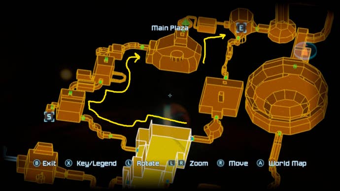 Un mapa de las ruinas de Chozo, que muestra la ruta desde la plaza principal hasta el paso de tráfico en Metroid Prime Remastered