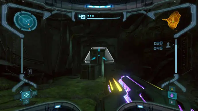 En Metroid Prime Remastered, Samus apunta a una puerta bloqueada por cajas