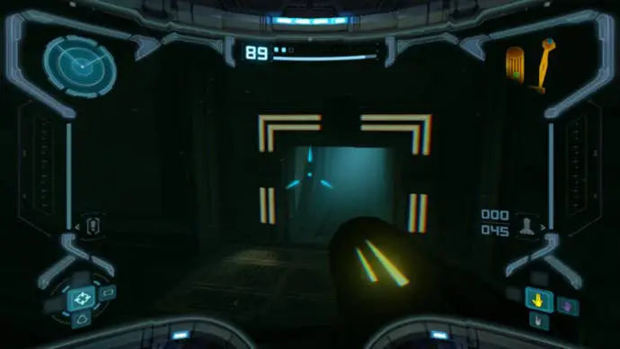 Samus mirando el túnel de la bola morph en Metroid Prime Remastered