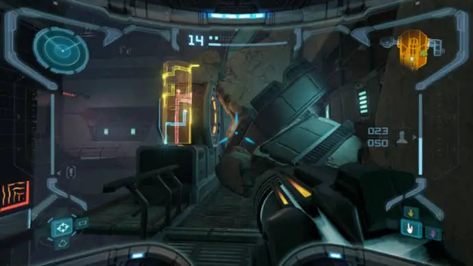 Samus apunta a algunos de los escombros bombardeables del rompecabezas de huellas de araña Phazon Mines en Metroid Prime Remastered