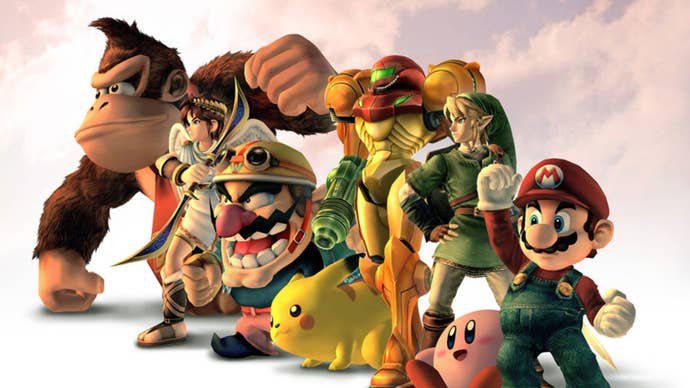 Muestra la lista de personajes de Super Smash Bros., incluidos Donkey Kong, Mario, Samus, Link, Kirby, Pikachu, Wario y más