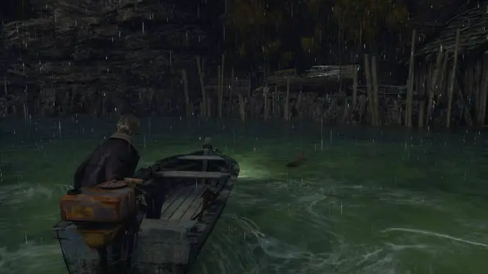 Leon mira a Lunker Bass en el lago en Resident Evil 4 Remake