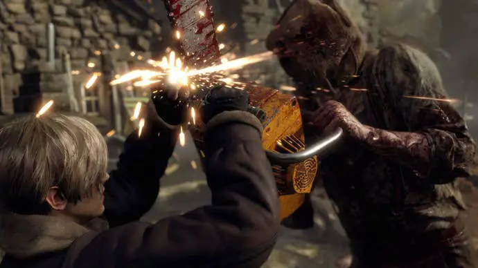 Leon Kennedy usa su cuchillo contra la sierra de Chainsaw Man en Resident Evil 4 Remake