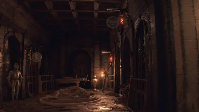 En Resident Evil 4 Remake, una pequeña habitación en la bóveda revela múltiples gongs decorados con animales y una espada manchada de sangre.