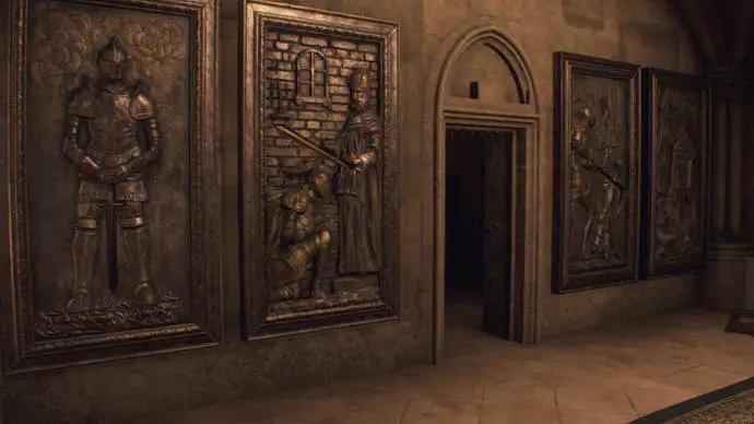 Exhibición de cuatro obras de arte de bronce que representan caballeros en varias situaciones de Resident Evil 4 Remake