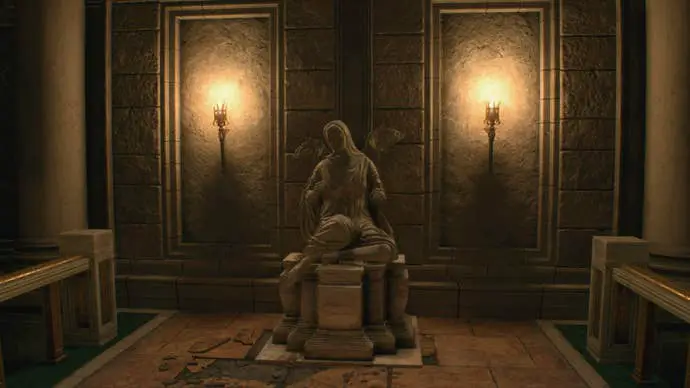 Estatua que muestra la rueda de Halo en la nueva versión de Resident Evil 4