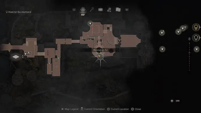 La pantalla del mapa que muestra la ubicación del medallón azul en el área de Resident Evil 4 Castle Gate