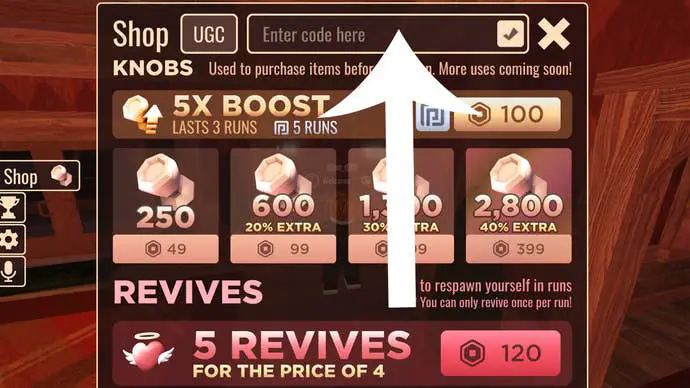 La pantalla de la tienda en el juego Doors de Roblox, con flechas que apuntan a áreas donde los jugadores deben ingresar códigos.