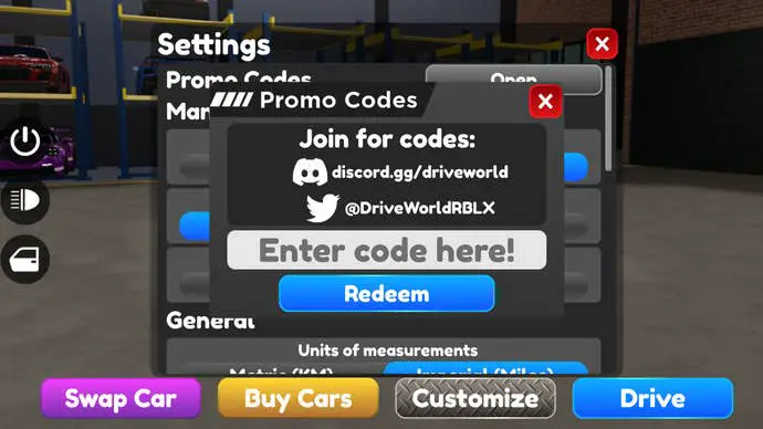La imagen muestra un menú de códigos promocionales tomados del juego Drive World de Roblox.