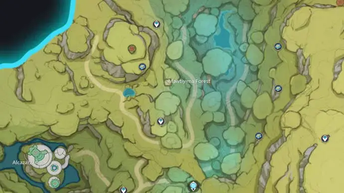 Ubicación de Genshin Impact Kalpalata Lotus: mapa que muestra la ubicación de Kalpalata cerca del bosque Mawtiyima