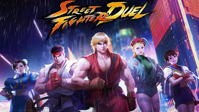 La obra de arte principal muestra a los personajes en un duelo de Street Fighter caminando hacia la pantalla.