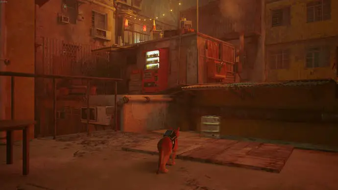 El forastero, un gato, se enfrenta a una máquina expendedora en The Rooftops of Stray.