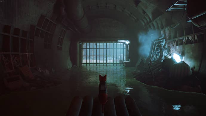 Forastero de Stray, un gato, en el barco de Momo en The Sewers, al lado de B12.
