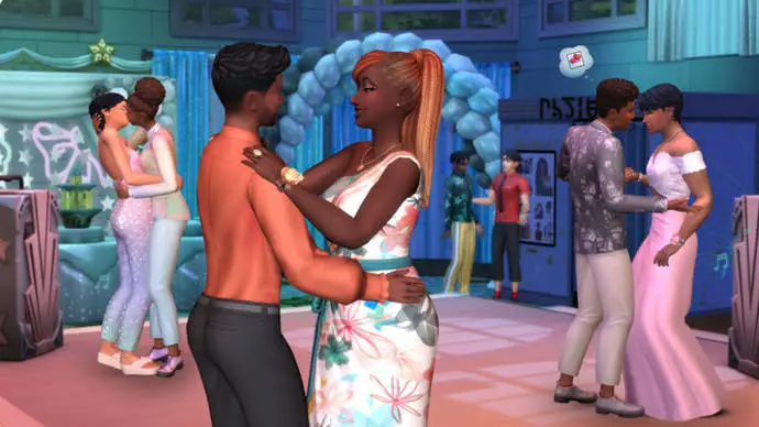 Tres parejas bailan durante la graduación de instituto de Los Sims 4.