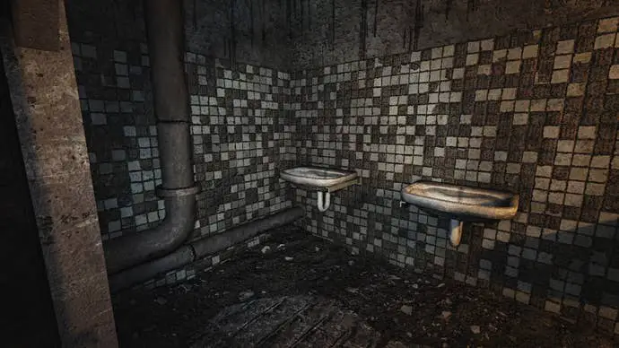 Los jugadores ven un baño con dos lavabos en STALKER: Shadow of Chernobyl's Overhaul mod.