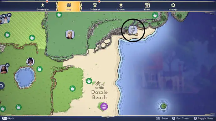 La ubicación de la cueva maldita marcada en el mapa de Disney Dream Valley