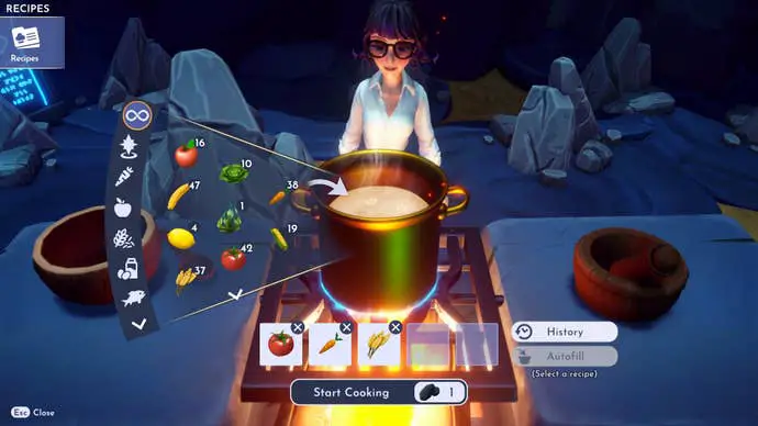Un jugador cocina pasta con verduras en la misteriosa cueva de Disney's Valley of Lights