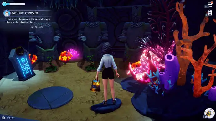 Un jugador observa los cultivos que se cultivan como parte de la misión With Great Power en Mysterious Cave en Disney Dream Valley of Lights.