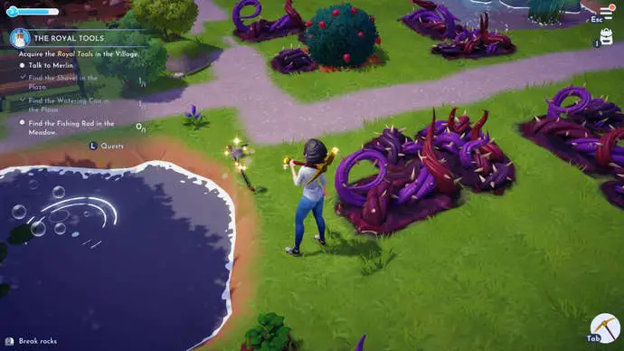 El jugador revisa la armadura rota de la caña de pescar en Disney Dream Valley of Peace Meadow