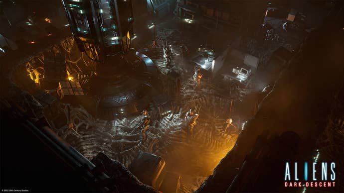 Varios jugadores buscan una máquina monumental cubierta de esqueletos en Alien: The Dark Descent