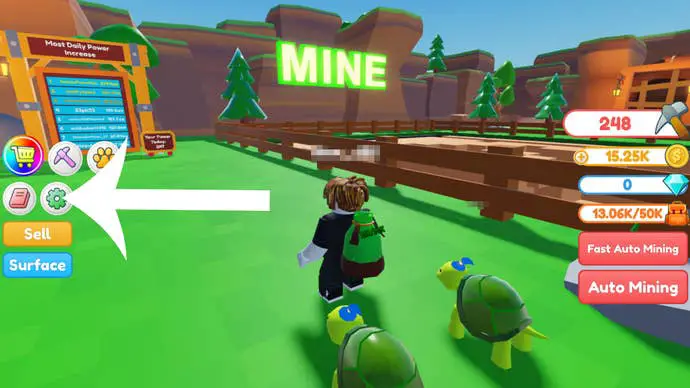Una captura de pantalla del juego Clicker Mining Simulator que muestra los personajes en el mundo del juego y los botones de la interfaz de usuario en la pantalla.