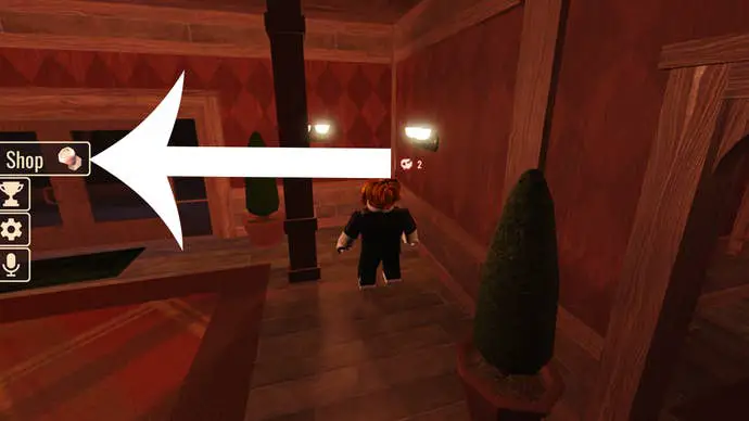 La pantalla del lobby en el juego Doors de Roblox, con flechas que apuntan a los botones que los jugadores deben presionar para canjear códigos.