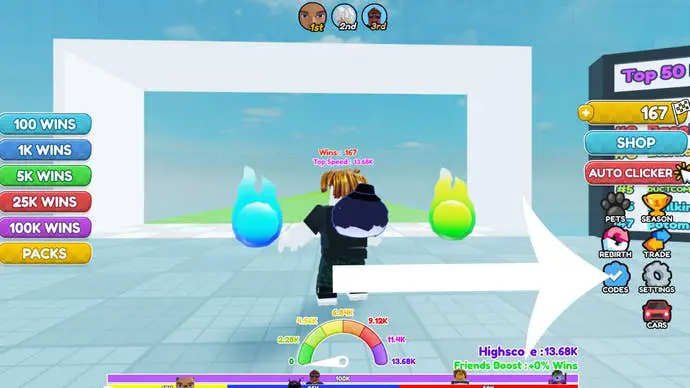 Una captura de pantalla del juego Race Clicker de Roblox, con flechas que apuntan a los botones que los jugadores deben presionar para canjear códigos.