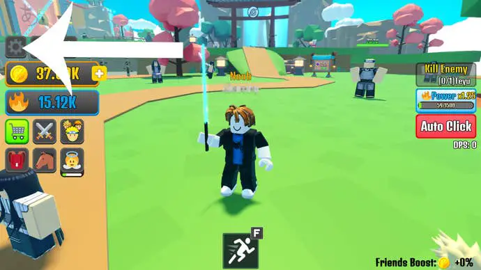 Un personaje de Roblox en Anime Weapon Simulator y una flecha que apunta a la interfaz de usuario que muestra en qué parte del menú el jugador debe canjear el código