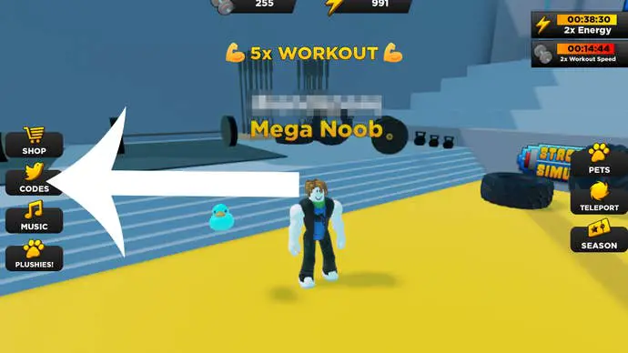 Imagen que muestra el popular juego de Roblox Strongman Simulator y una flecha que apunta a un botón de código.