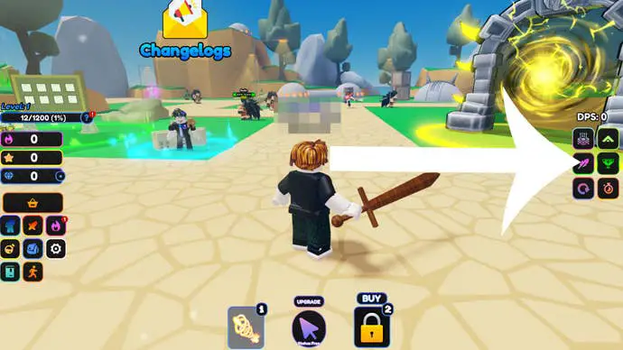 Imagen que muestra el juego Anime Lost Simulator de Roblox y una flecha que apunta al botón que el jugador debe presionar para canjear el código.
