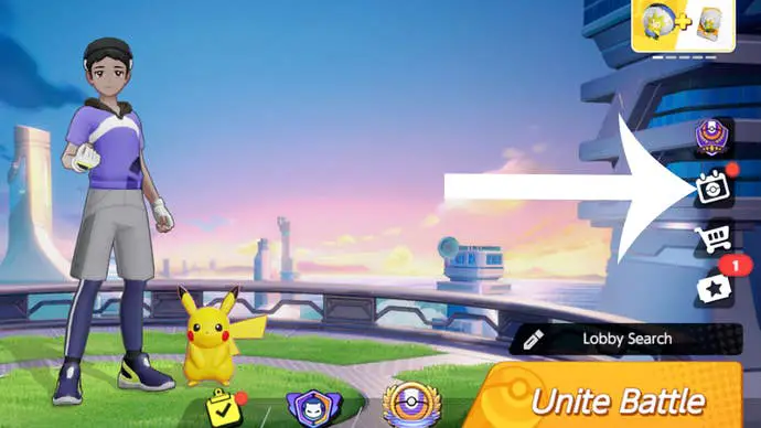 La pantalla del lobby principal del juego móvil Pokemon Unite tiene una flecha que apunta a un botón que los jugadores deben presionar para canjear un código.