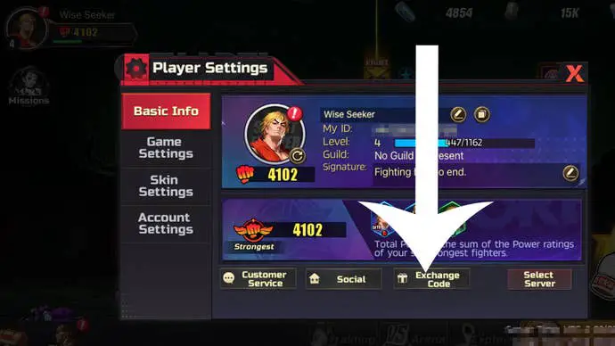 Una captura de pantalla del juego de Street Fighter Duel que muestra dónde los jugadores deben canjear un código de promoción.