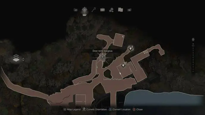 Mapa de Resident Evil 4 Remake que muestra dónde encontrar la misión secundaria Catch a Big Fish en Lakeside Settlement