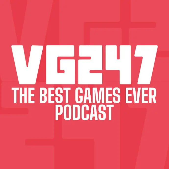 Logotipo para el mejor podcast de juegos de VG247. Texto blanco sobre fondo rojo.