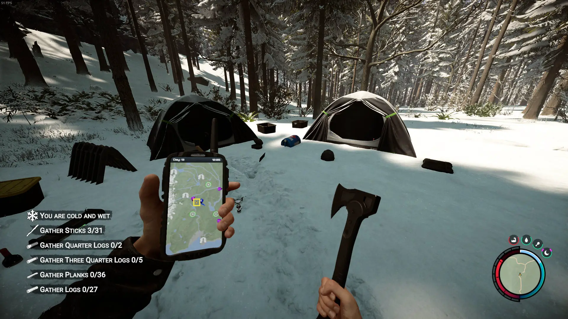 El jugador recupera el hacha moderna del campamento de los niños del bosque.