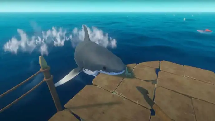 Se puede ver un tiburón atacando la balsa de principiantes en Raft.