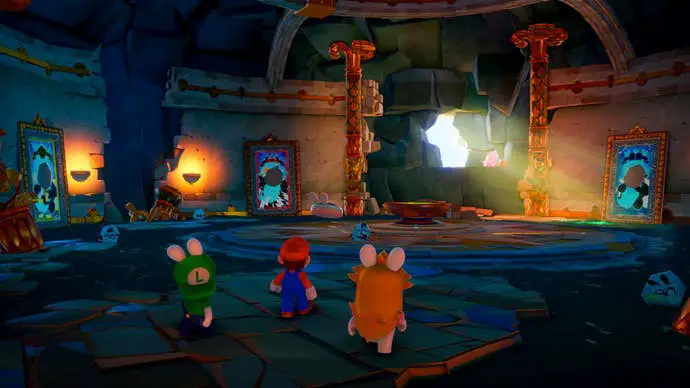En Mario + Rabbids Sparks of Hope, Mario, Rabbid Peach y Rabbid Luigi entran en una habitación en ruinas.