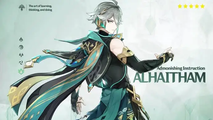 Genshin Impact Alhaitham Build: un personaje de anime con cabello plateado corto, vestido con una túnica negra y una capa verde, de pie con un brazo extendido y el puño cerrado en una pose exagerada.